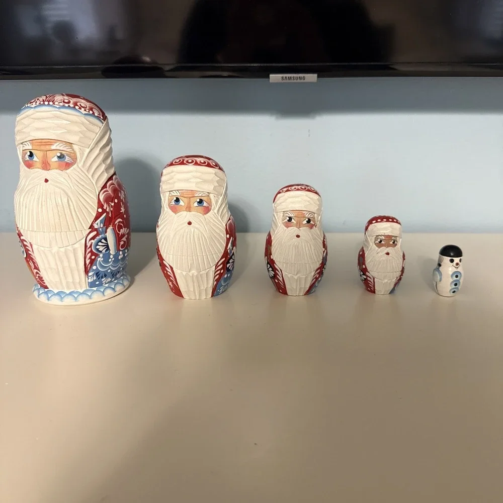 Vtg 5 Pc Russian Nesting Doll Set Hand Carved Santa Signed‎ Ceprueb Tiocao 6